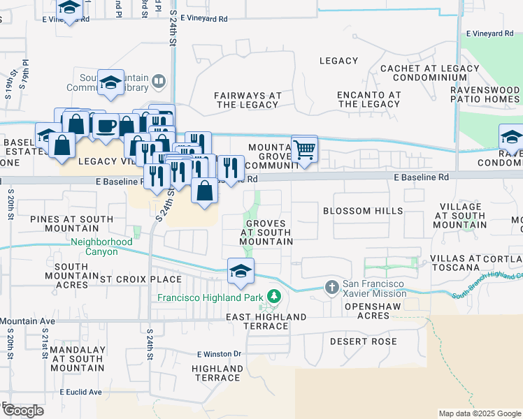 map of restaurants, bars, coffee shops, grocery stores, and more near 2709 East Branham Lane in Phoenix