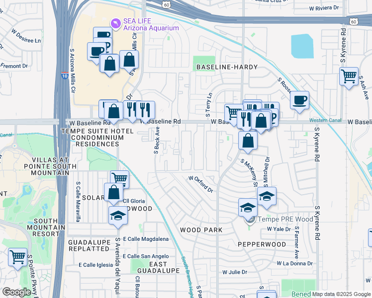 map of restaurants, bars, coffee shops, grocery stores, and more near 1235 West Baseline Road in Tempe