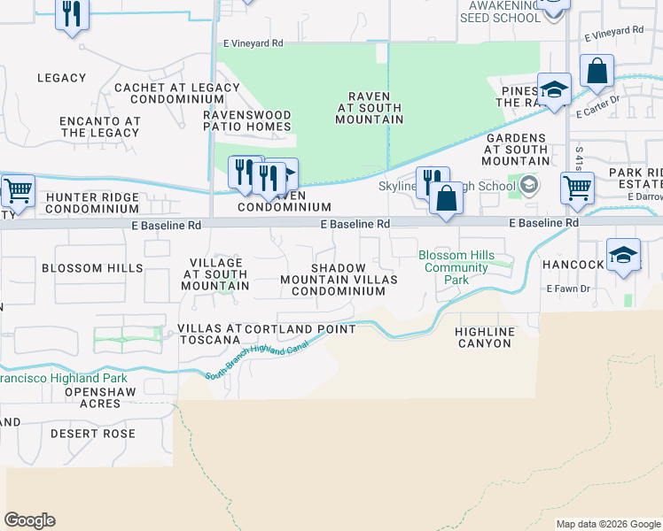 map of restaurants, bars, coffee shops, grocery stores, and more near 3511 East Baseline Road in Phoenix