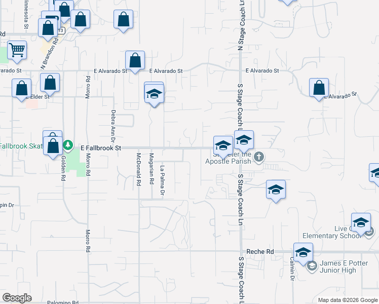 map of restaurants, bars, coffee shops, grocery stores, and more near 1265 East Fallbrook Street in Fallbrook