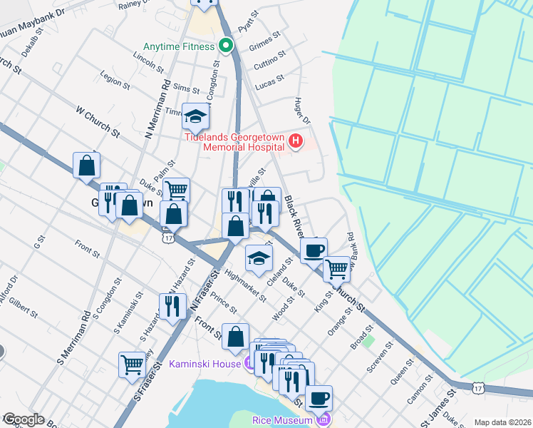 map of restaurants, bars, coffee shops, grocery stores, and more near 525 Bonds Street in Georgetown