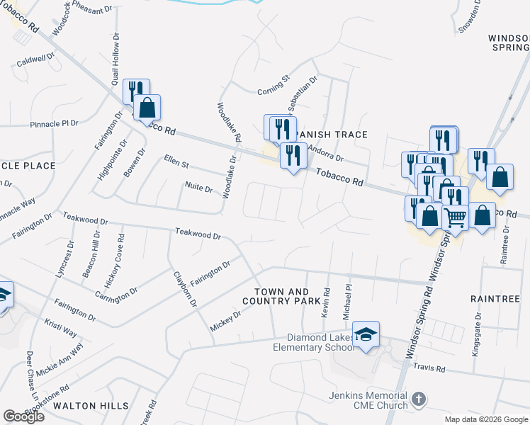 map of restaurants, bars, coffee shops, grocery stores, and more near 3834 Woodlake Court in Hephzibah