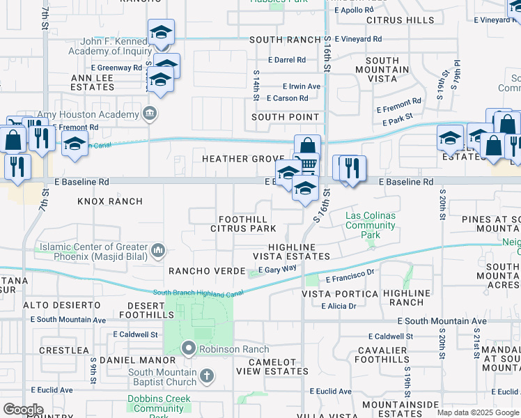map of restaurants, bars, coffee shops, grocery stores, and more near 1432 East Valencia Drive in Phoenix
