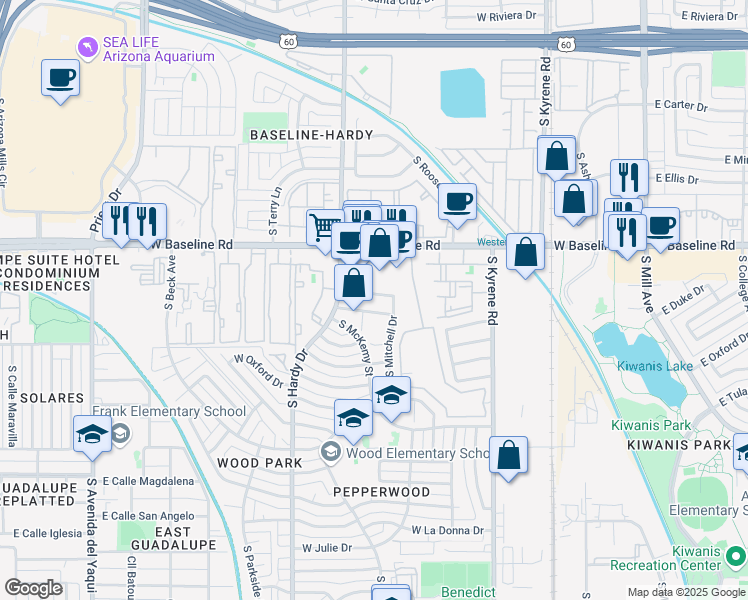 map of restaurants, bars, coffee shops, grocery stores, and more near 809 West Rice Drive in Tempe