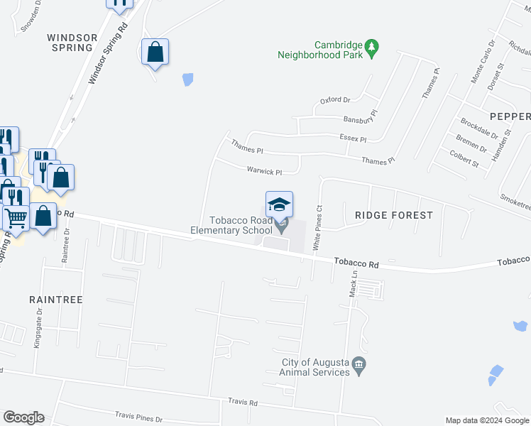 map of restaurants, bars, coffee shops, grocery stores, and more near 2397 Tobacco Road in Augusta