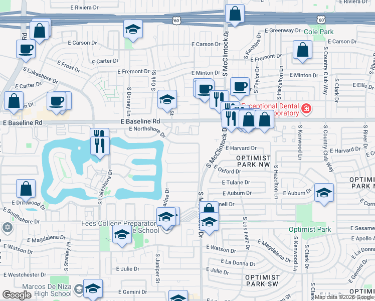 map of restaurants, bars, coffee shops, grocery stores, and more near 1621 East Northshore Drive in Tempe