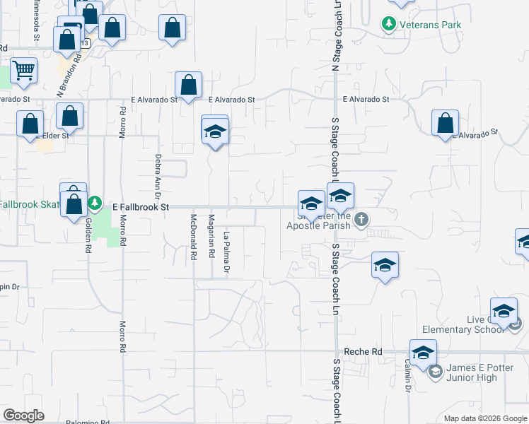 map of restaurants, bars, coffee shops, grocery stores, and more near 1265 East Fallbrook Street in Fallbrook