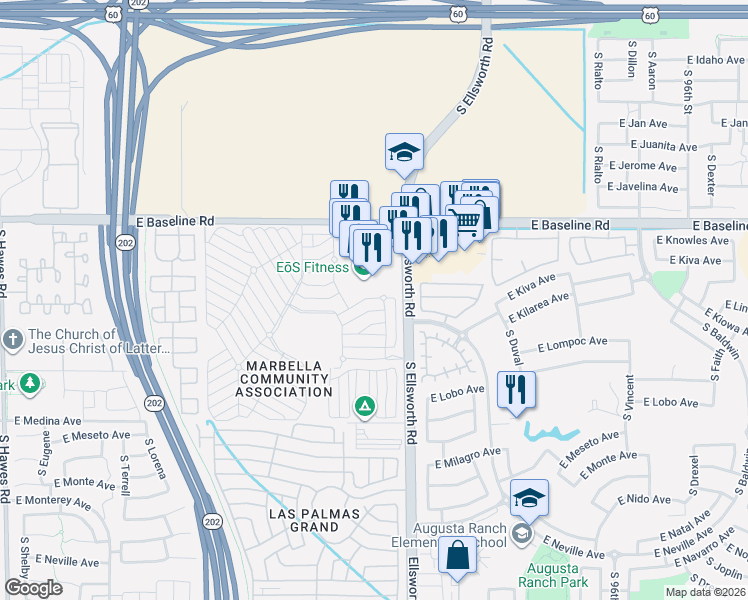 map of restaurants, bars, coffee shops, grocery stores, and more near 9115 East Baseline Road in Mesa