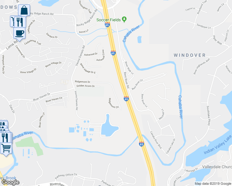 map of restaurants, bars, coffee shops, grocery stores, and more near 2474 Ridgemont Drive in Birmingham