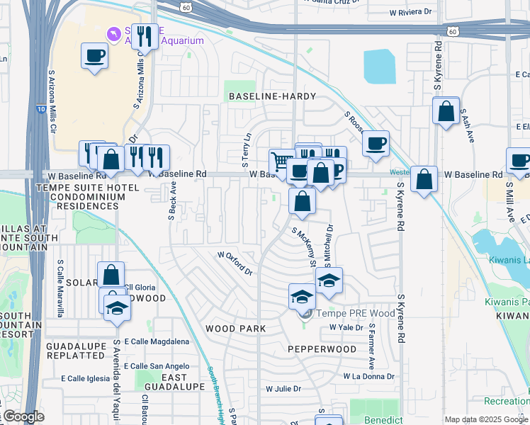map of restaurants, bars, coffee shops, grocery stores, and more near 5250 South Hardy Drive in Tempe