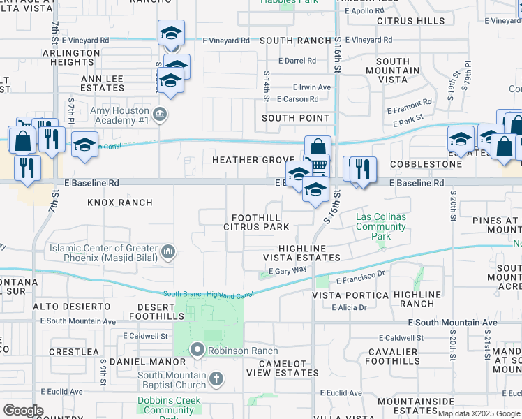 map of restaurants, bars, coffee shops, grocery stores, and more near 1432 East Valencia Drive in Phoenix