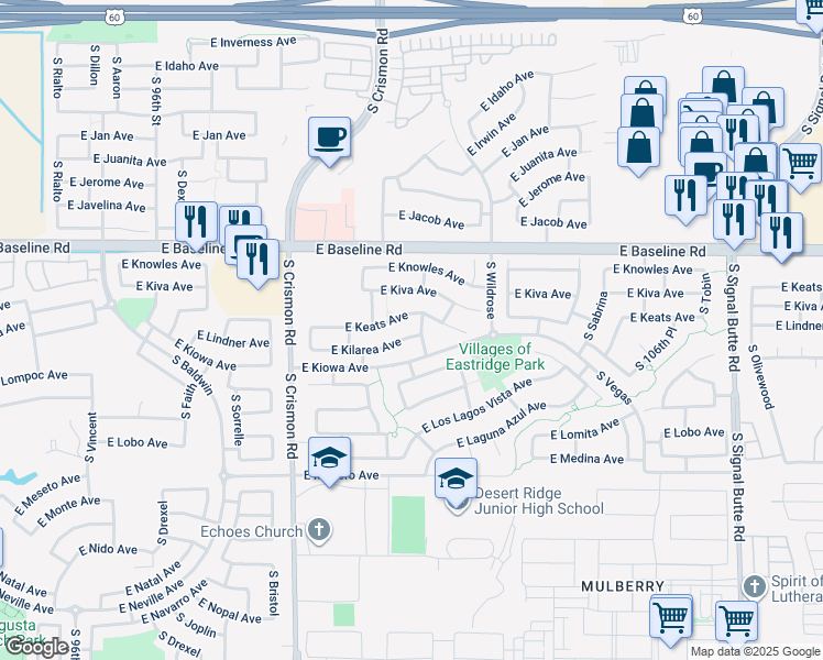 map of restaurants, bars, coffee shops, grocery stores, and more near 10231 East Keats Avenue in Mesa