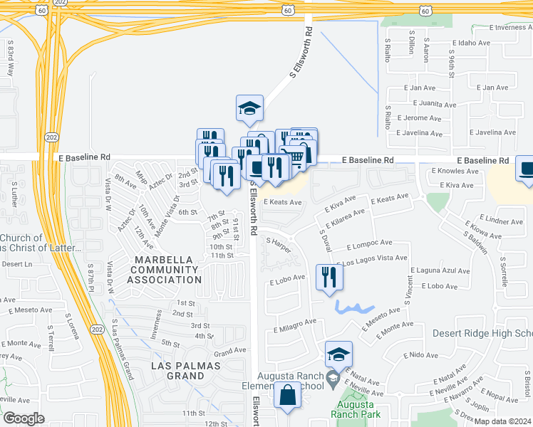 map of restaurants, bars, coffee shops, grocery stores, and more near 2132 South Bernard in Mesa