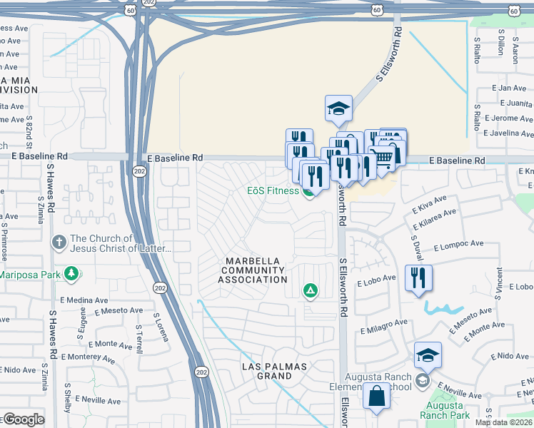 map of restaurants, bars, coffee shops, grocery stores, and more near Monte Vista Drive in Mesa