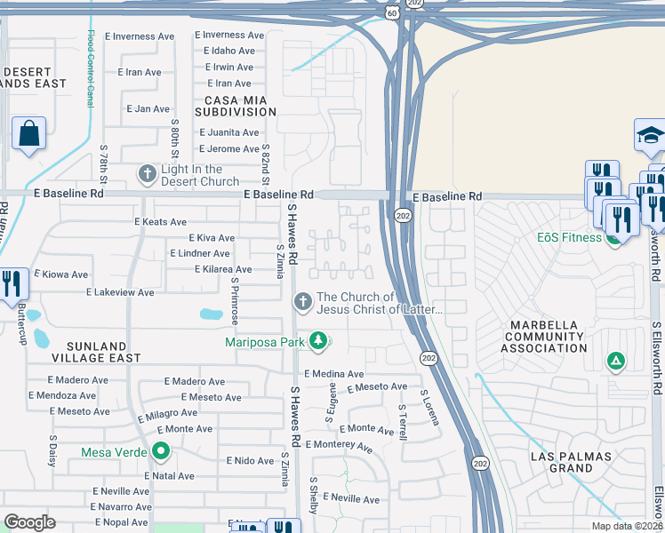 map of restaurants, bars, coffee shops, grocery stores, and more near 8516 East Lindner Avenue in Mesa