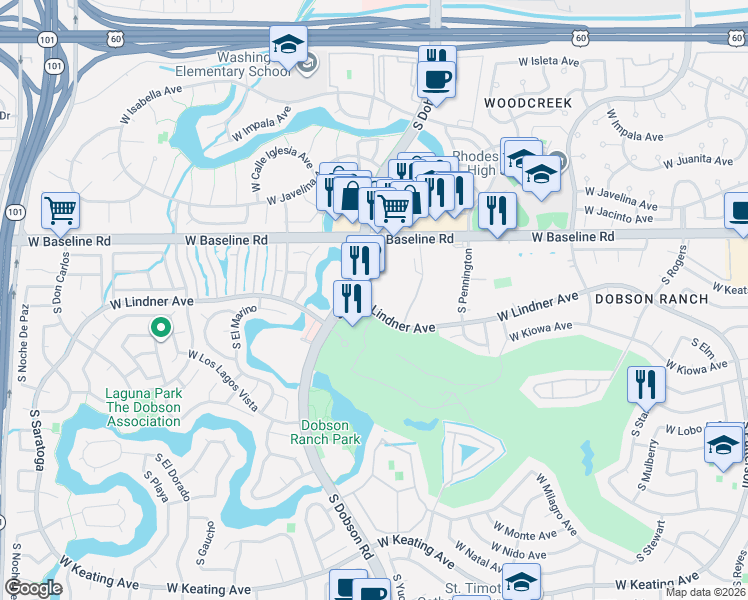 map of restaurants, bars, coffee shops, grocery stores, and more near 2051 South Dobson Road in Mesa