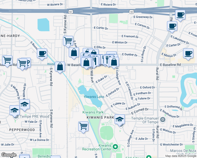 map of restaurants, bars, coffee shops, grocery stores, and more near 5237 South Mill Avenue in Tempe