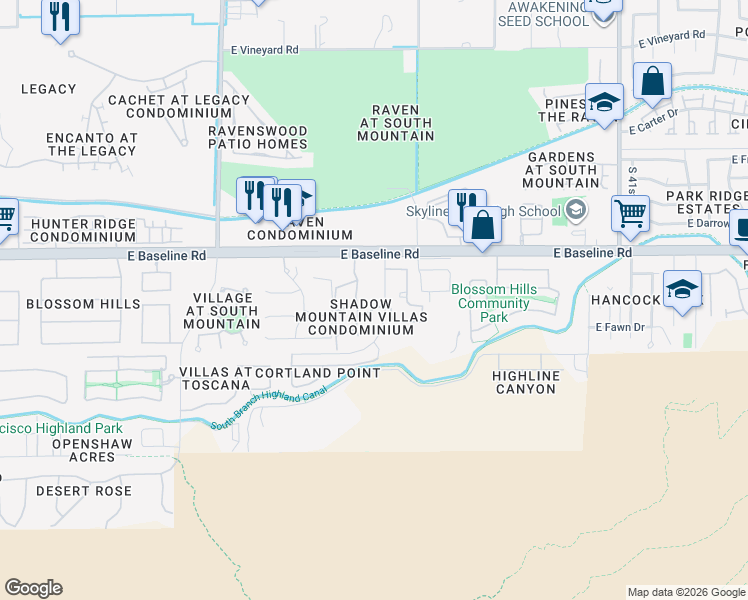 map of restaurants, bars, coffee shops, grocery stores, and more near 3511 East Baseline Road in Phoenix