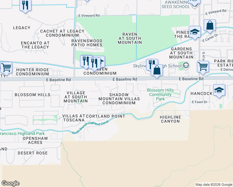 map of restaurants, bars, coffee shops, grocery stores, and more near 3511 East Baseline Road in Phoenix