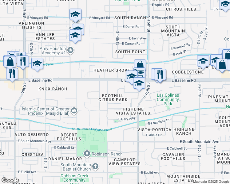 map of restaurants, bars, coffee shops, grocery stores, and more near 1432 East Valencia Drive in Phoenix