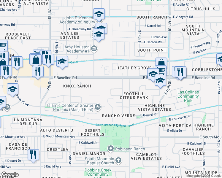 map of restaurants, bars, coffee shops, grocery stores, and more near 1302 East Branham Lane in Phoenix