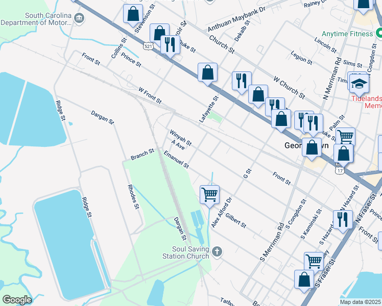 map of restaurants, bars, coffee shops, grocery stores, and more near 2120 Winyah Street in Georgetown