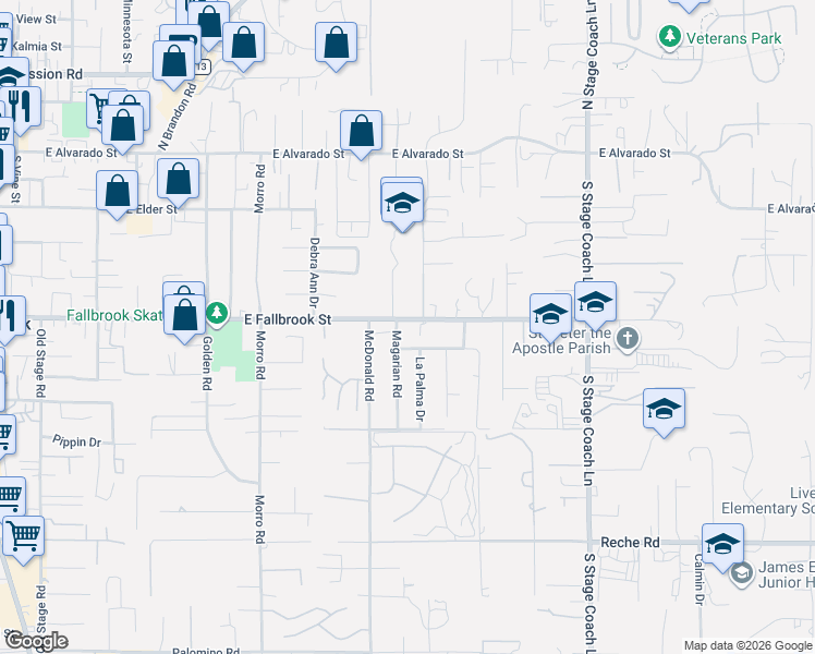 map of restaurants, bars, coffee shops, grocery stores, and more near 1143 East Fallbrook Street in Fallbrook