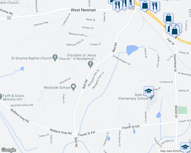 map of restaurants, bars, coffee shops, grocery stores, and more near 14 Westgate Park Drive in Newnan