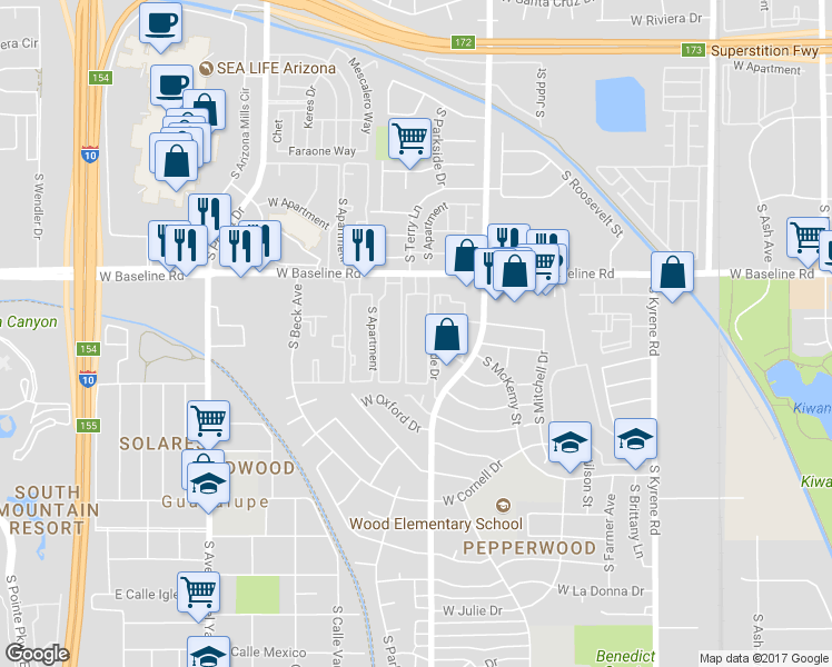 map of restaurants, bars, coffee shops, grocery stores, and more near 1133 West Baseline Road in Tempe