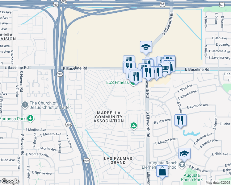 map of restaurants, bars, coffee shops, grocery stores, and more near Monte Vista Drive in Mesa