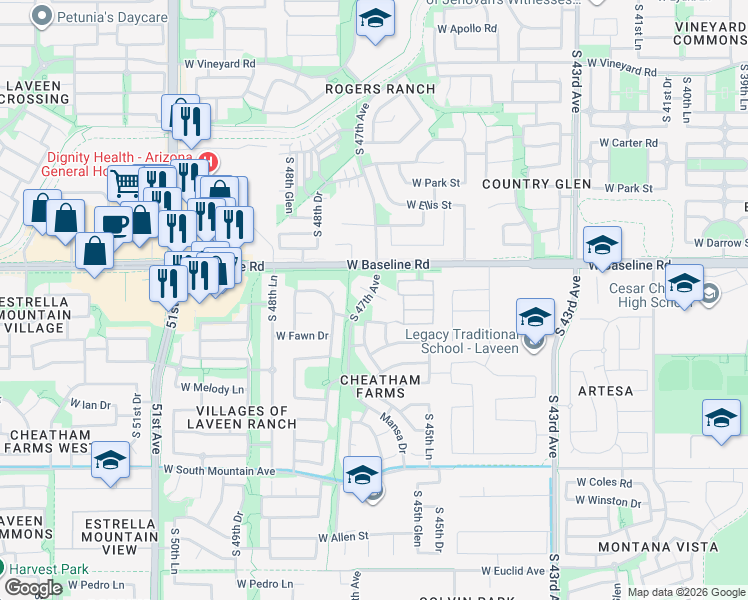 map of restaurants, bars, coffee shops, grocery stores, and more near 4633 West Valencia Drive in Phoenix