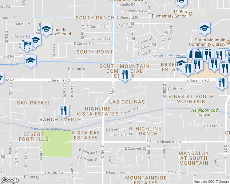 map of restaurants, bars, coffee shops, grocery stores, and more near 1706 East Branham Lane in Phoenix