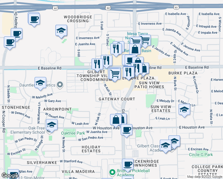 map of restaurants, bars, coffee shops, grocery stores, and more near 48 West Hancock Avenue in Gilbert