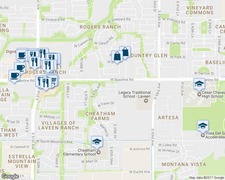 map of restaurants, bars, coffee shops, grocery stores, and more near 4532 West Valencia Drive in Phoenix