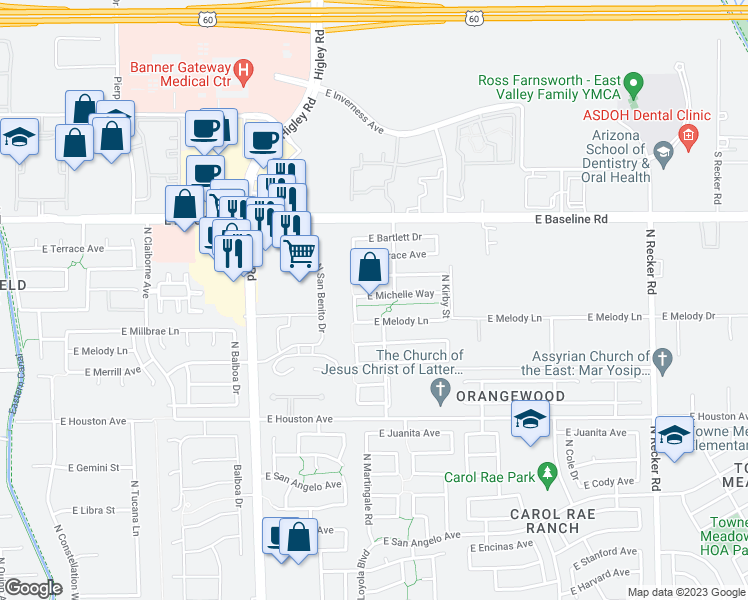 map of restaurants, bars, coffee shops, grocery stores, and more near 3455 East Michelle Way in Gilbert