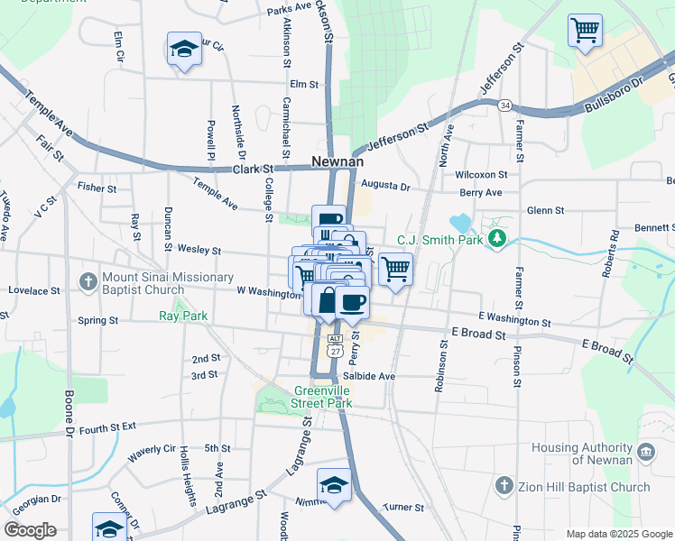 map of restaurants, bars, coffee shops, grocery stores, and more near 20 Jefferson Street in Newnan