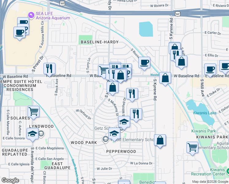 map of restaurants, bars, coffee shops, grocery stores, and more near 829 West Rice Drive in Tempe