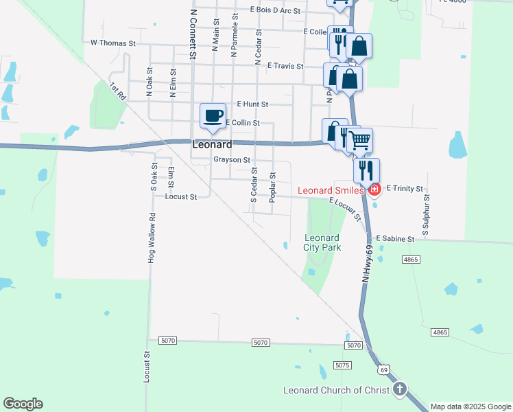 map of restaurants, bars, coffee shops, grocery stores, and more near 504 South Cedar Street in Leonard