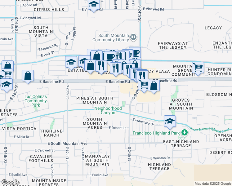 map of restaurants, bars, coffee shops, grocery stores, and more near 2319 East Branham Lane in Phoenix