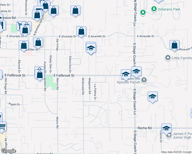 map of restaurants, bars, coffee shops, grocery stores, and more near 1201 County Highway S15 in Fallbrook