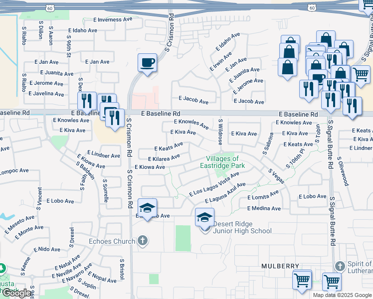 map of restaurants, bars, coffee shops, grocery stores, and more near 10222 East Kilarea Avenue in Mesa