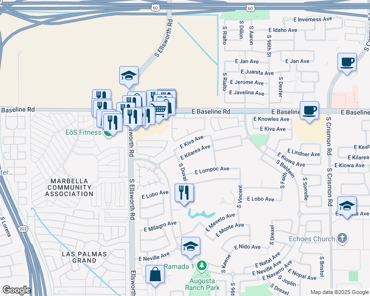 map of restaurants, bars, coffee shops, grocery stores, and more near 9421 East Kiva Avenue in Mesa