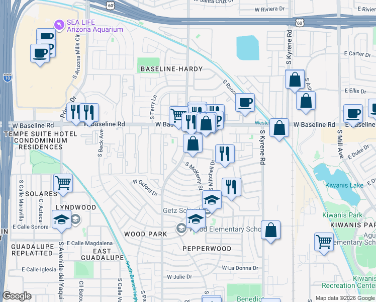 map of restaurants, bars, coffee shops, grocery stores, and more near 851 West Rice Drive in Tempe