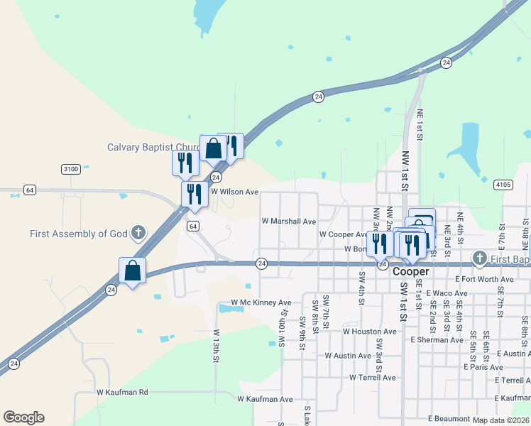 map of restaurants, bars, coffee shops, grocery stores, and more near 300 Northwest 11th Street in Cooper