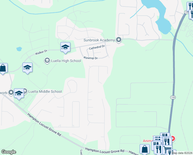 map of restaurants, bars, coffee shops, grocery stores, and more near 1020 Battersea Place in Locust Grove