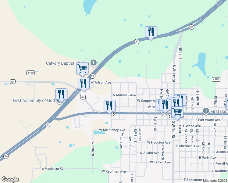 map of restaurants, bars, coffee shops, grocery stores, and more near 300 Northwest 11th Street in Cooper