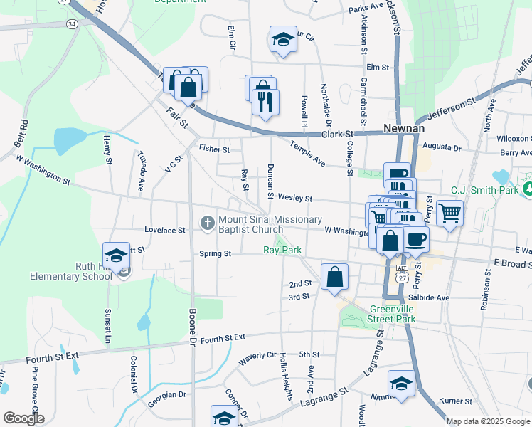 map of restaurants, bars, coffee shops, grocery stores, and more near 71 West Washington Street in Newnan