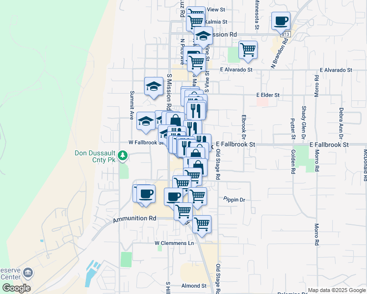 map of restaurants, bars, coffee shops, grocery stores, and more near 130 West Fallbrook Street in Fallbrook