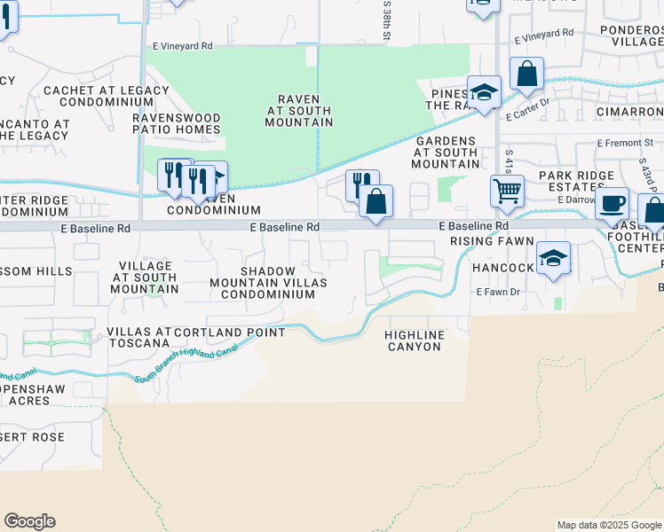 map of restaurants, bars, coffee shops, grocery stores, and more near 3641 East Branham Lane in Phoenix