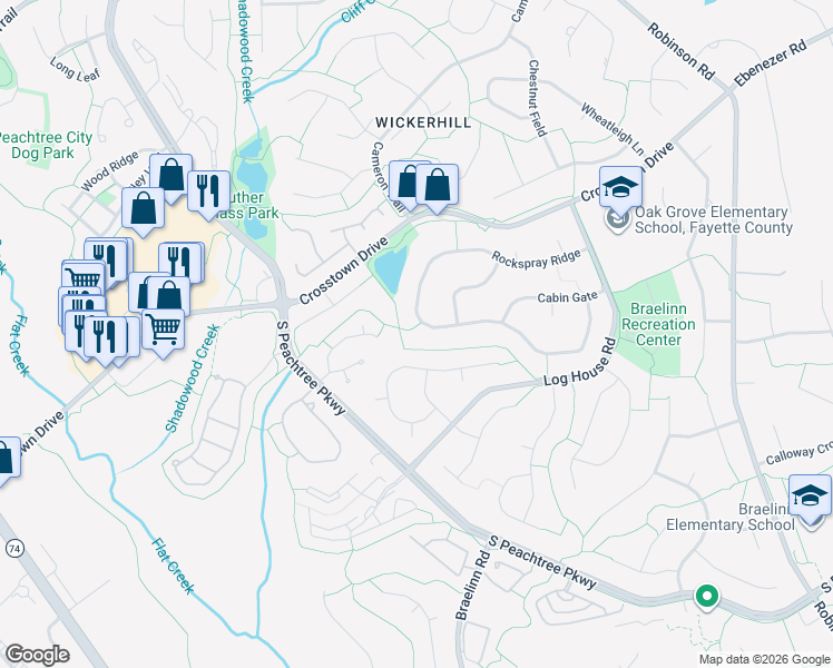 map of restaurants, bars, coffee shops, grocery stores, and more near 157 Rockspray Ridge in Peachtree City